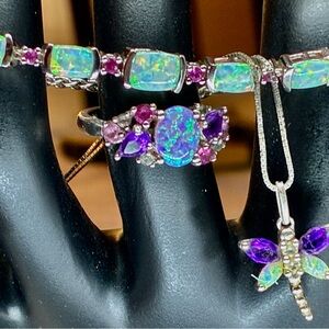 Simulated Opal Set, Necklace, Bracelet And Ring In 9.25 Sterling Silver Lot 45